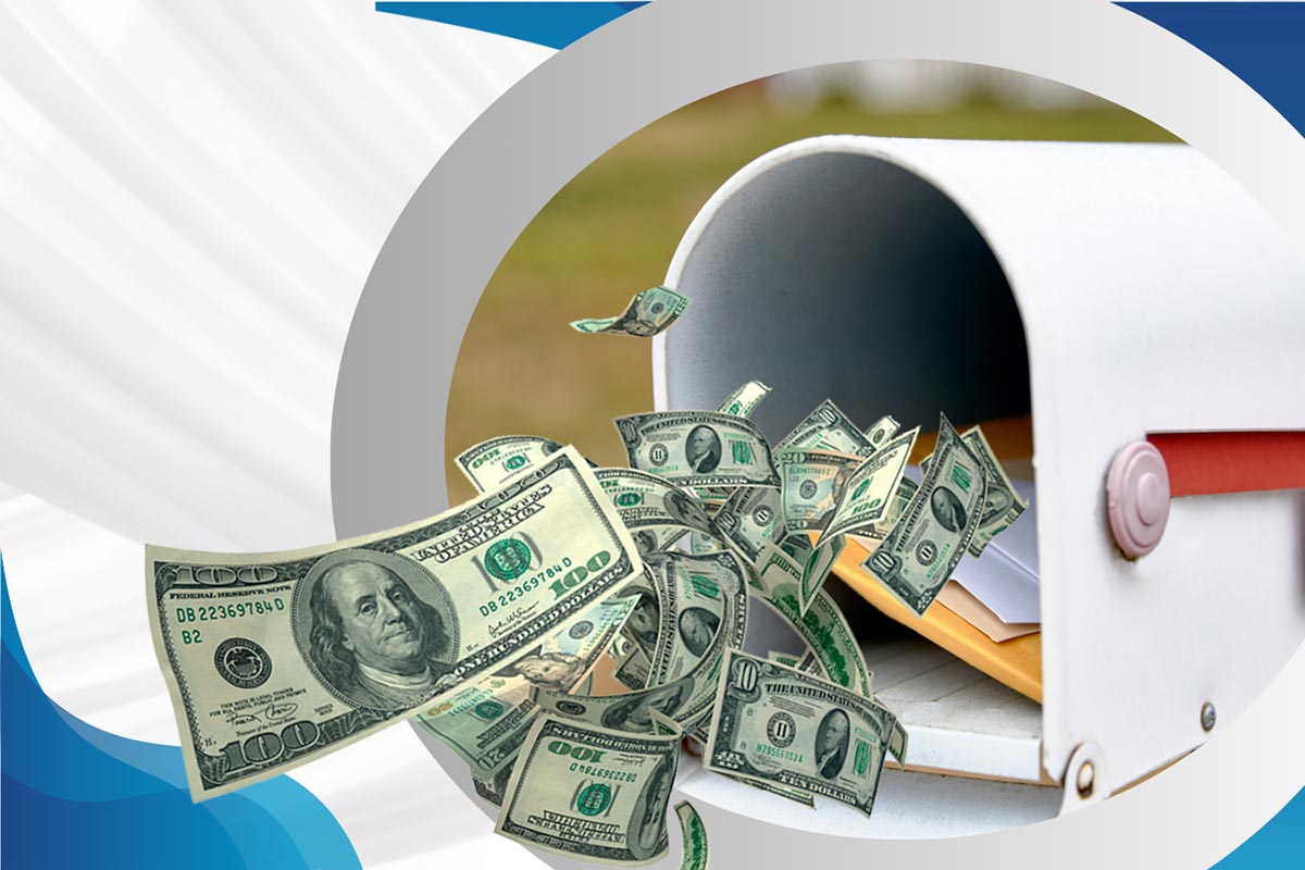 An open mailbox with lots of dollars coming out of it