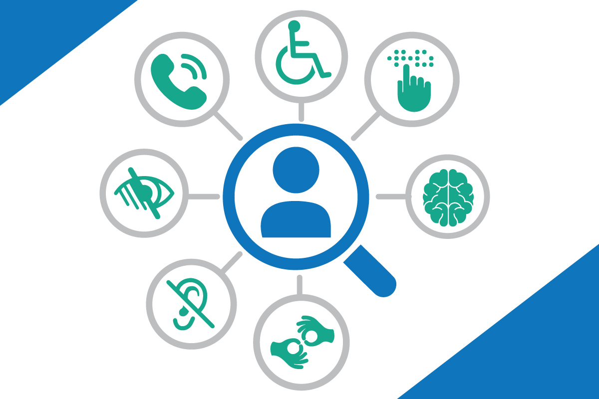 Graphic of disability icons with a job search icon in the center