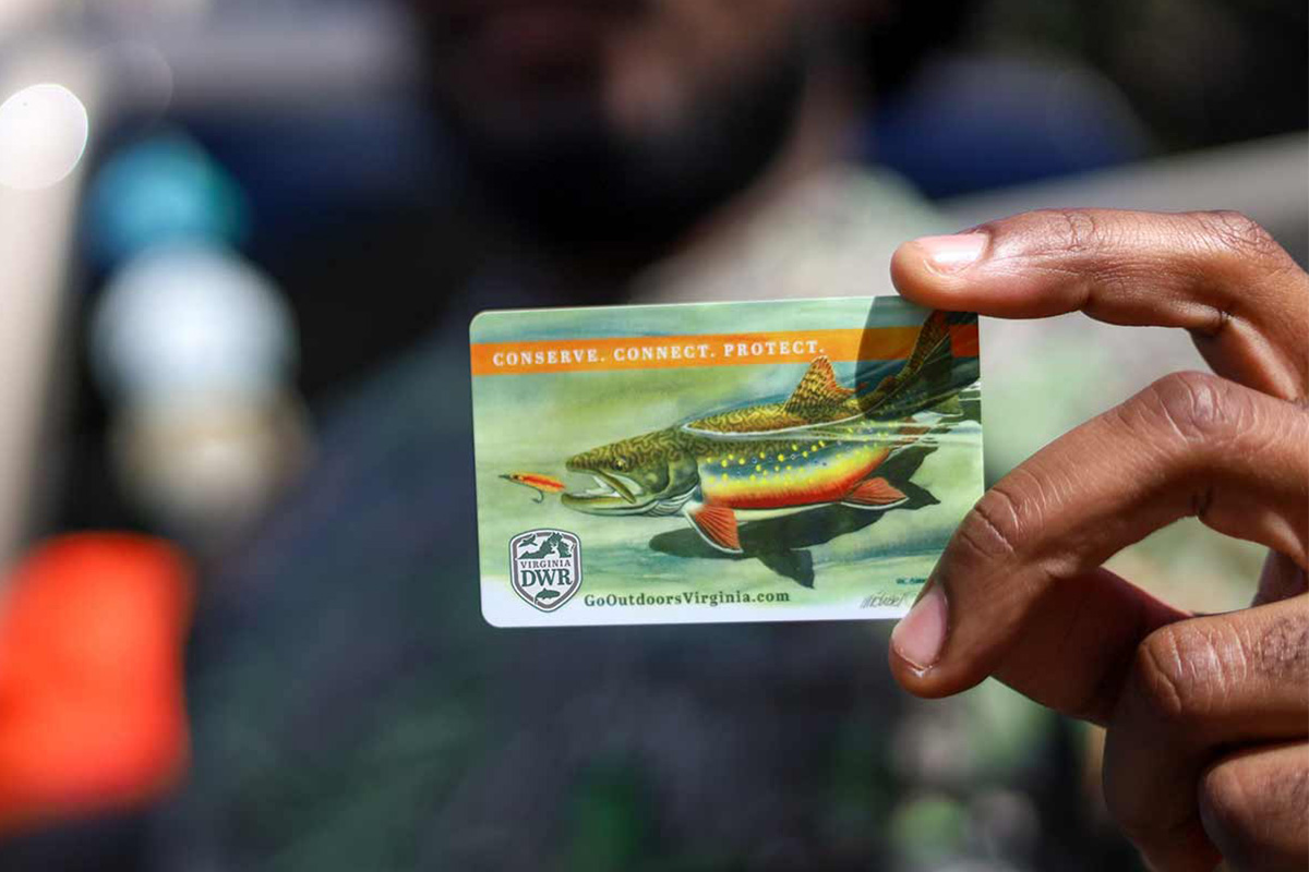 Hand holding a Virginia fishing license